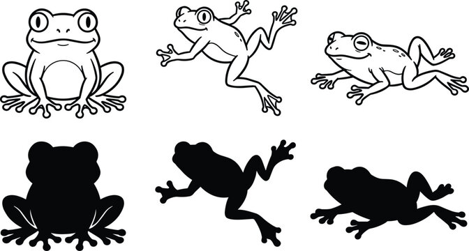 Frog vector collection featuring cute sitting jumping and crawling toads in black line outline and solid silhouette graphic design styles