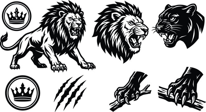 Aggressive monochrome wild cat mascot vector illustration set featuring roaring lions black panther claws slash marks and royal crown emblems,