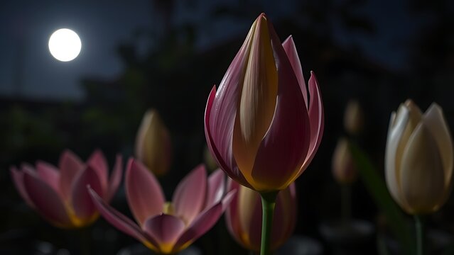 Single closed night-blooming cereus bud among open flowers in moonlight.