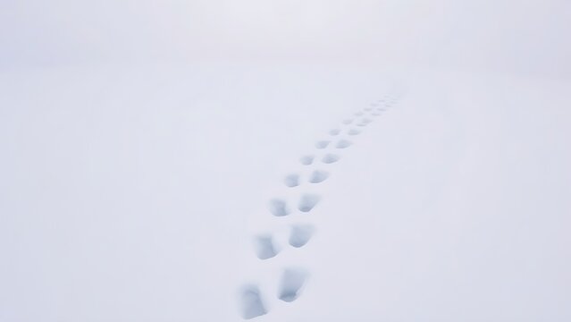 Single set of footprints in fresh snow leading towards mist.