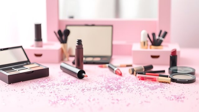 A pink vanity table with glitter and cosmetic items.