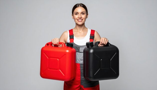 Person holding red and black fuel containers
