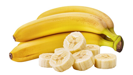 Isolated fresh ripe yellow banana fruit bunch with healthy peeled and sliced pieces © Cian