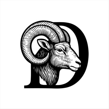 Vintage engraved illustration of a ram head integrated with the letter D.
