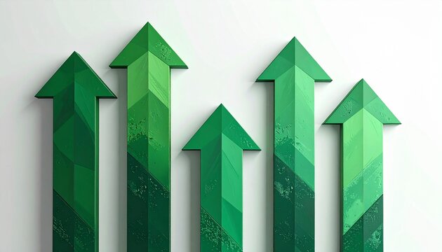 異なる高さに並ぶ5本の緑3D矢印が示す多段階ビジネス成長と継続的な業績向上コンセプト