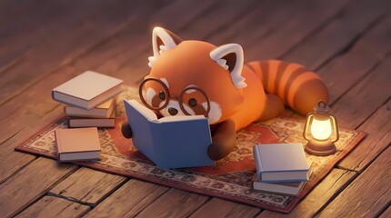 Red panda cartoon reading book on a rug. © Laut