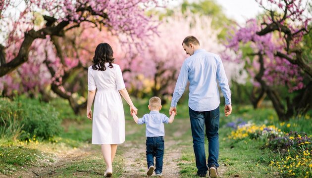 Family of three strolls hand-in-hand through a blossoming orchard