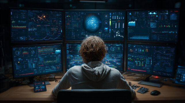 IT specialist monitoring cybersecurity threat feeds on multiple screens. Cyber analyst reviewing real-time data and network alerts in dark control...