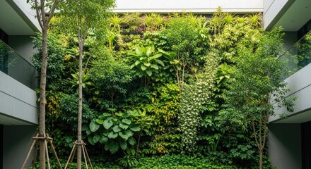Fototapeta premium Lush indoor vertical garden in a modern multi-story building.