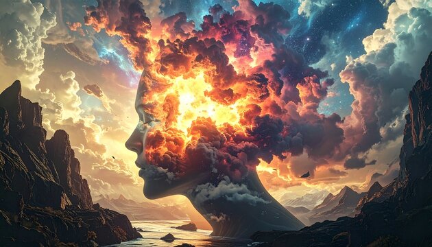 A woman's profile merges with a cloudscape; mountains frame the scene