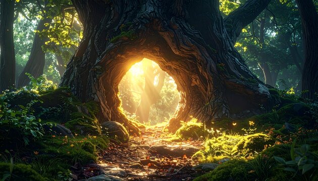 Mystical forest scene. Sunlit tree with a portal-like opening, beckoning pathway