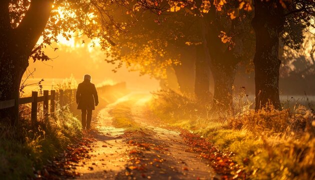Silhouette of person walking down a path enveloped in golden sunlight, autumn