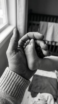 Close-up of a father holding a tiny newborn foot in his palm indoors, representing protection and family bonding in a black and white portrait.