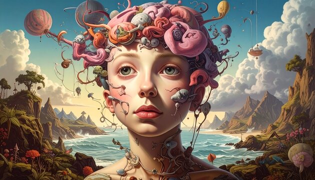 Surreal portrait of a girl with fanciful brain-like forms floating above a coastal landscape