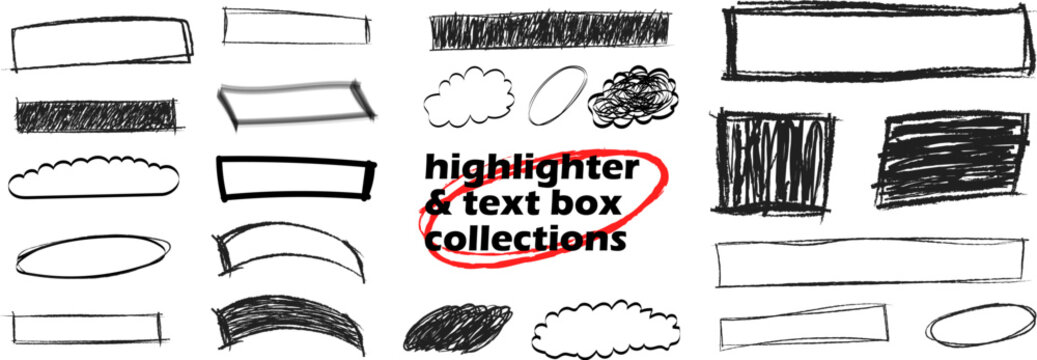 Hand drawn highlighter and text frames for emphasize text. Doodle vector rectangles, scribble box shape by pencil vector illustration.