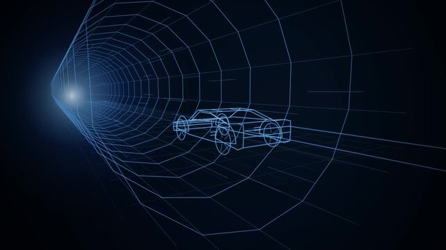 Blue glowing wireframe 3D model of a supercar speeding through a futuristic grid tunnel