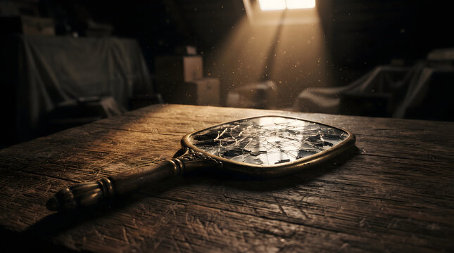 An antique broken hand mirror with shattered glass lies on a rustic wooden table in a dusty, sunlit attic room.