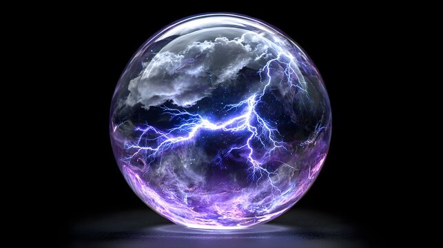 Electric storm in a transparent glass sphere on black background with electric purple lightning lightning clouds inside inside set with electricity