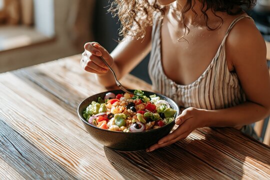 Person eating a bowl of colorful salad at a kitchen table rel