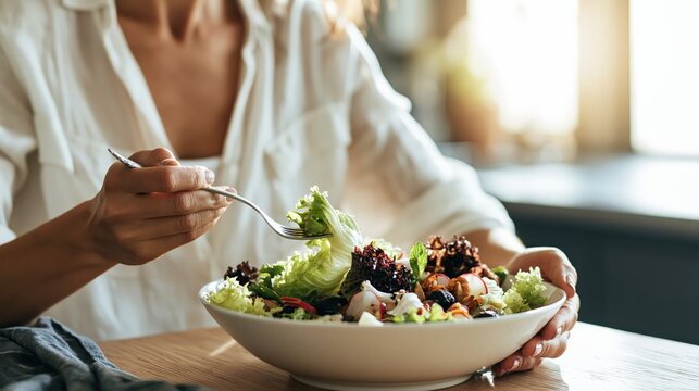 Person eating a bowl of colorful salad at a kitchen table rel