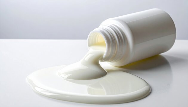 Spilled glue bottle: A white plastic bottle of school glue tipped over with spilled white glue on a white surface.