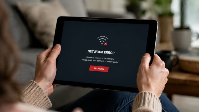 Close-up of hands holding a tablet displaying a network error screen with a disconnected signal icon, illustrating communication issues and technical difficulty