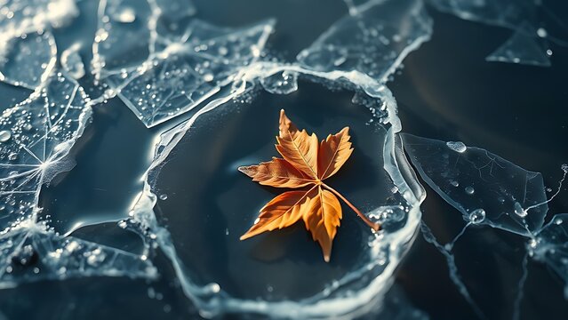 Close-up of frozen lake surface with autumn leaf trapped in ice.