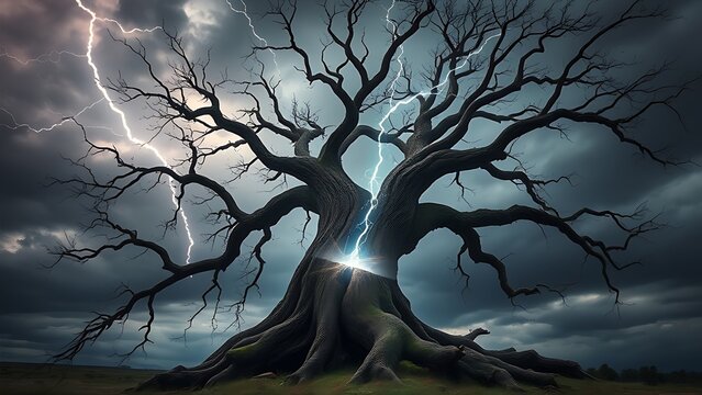 Ancient tree struck by lightning, split trunk with smoke.