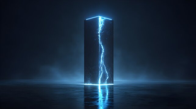 Glowing blue monolith with lightning in dark room with internal light lightning sleek vertical monolith architecture electricity technology with innovation