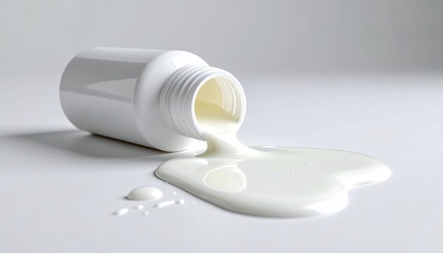 Spilled glue bottle: A white plastic bottle of school glue tipped over with spilled white glue on a white surface.