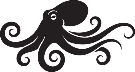 Black octopus silhouette with curled tentacles on white background © MDZiaul