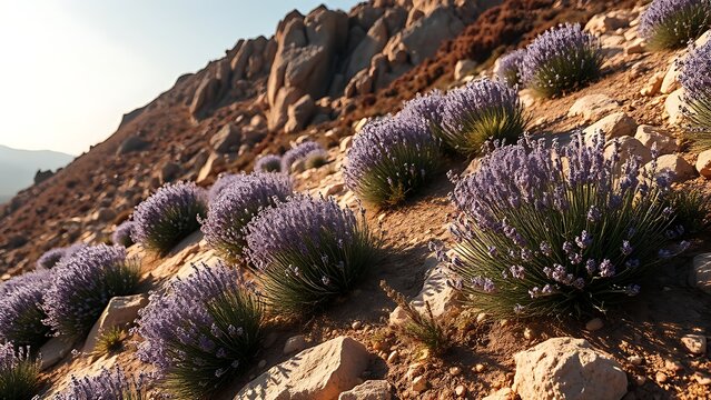 A rocky hillside dotted with blooming lavender and thyme.