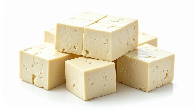 Raw tofu cheese: A clean studio shot of tasty raw tofu cheese isolated on a white background.