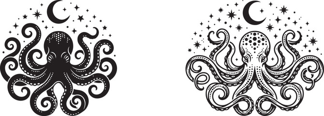 Black and white octopus illustrations with celestial elements © MDZiaul