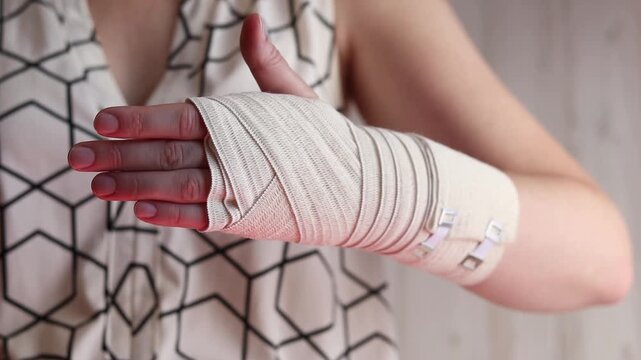 Female hand with elastic bandage on wrist. Close-up of female hand bandaged with beige elastic bandage to support joint. Concept of injury, sprain, rehabilitation or first aid. Hand in medical bandage