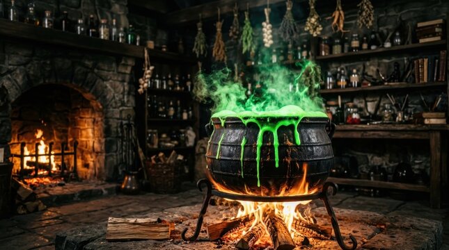 A mystical black iron cauldron bubbles with glowing green toxic liquid over a crackling wood fire inside a dark medieval wizard workshop filled with ancient potion bottles and dried medicinal