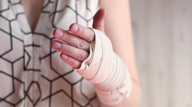 Female hand with elastic bandage on wrist. Close-up of female hand bandaged with beige elastic bandage to support joint. Concept of injury, sprain, rehabilitation or first aid. Hand in medical bandage