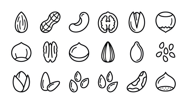 Assorted healthy nuts and seeds line icon set.