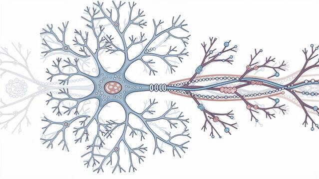 Detailed illustration of a neuron with dendrites axon and nucleus in neural network style for neuroscience research or educational use