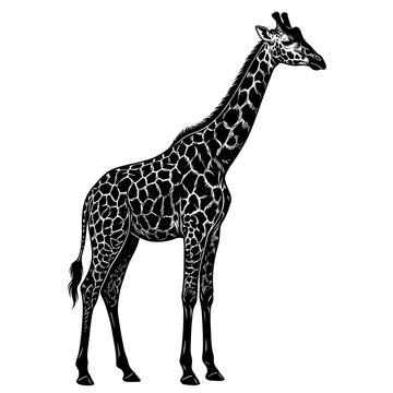 Black and white line art giraffe standing tall with detailed spots