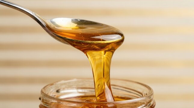 Golden honey dripping from a silver spoon into a glass jar, macro shot of organic sweet nectar with a warm blurred background for healthy diet concept.
