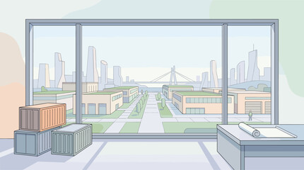 Fototapeta premium Office view overlooking modern industrial city and logistics shipping containers. Illustration of a workspace with a panoramic window showing urban architecture, warehouses, and skyline.