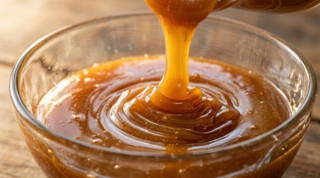 Glossy golden liquid caramel sauce being poured into a clear glass bowl on a rustic wooden table top background, creating a delicious and indulgent sweet topping for desserts and baking recipes daily!