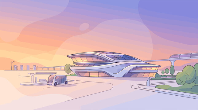Futuristic smart city with an autonomous electric shuttle, sleek transit hub, charging stations, and monorail at sunset. A minimalist vector illustration of modern urban mobility.