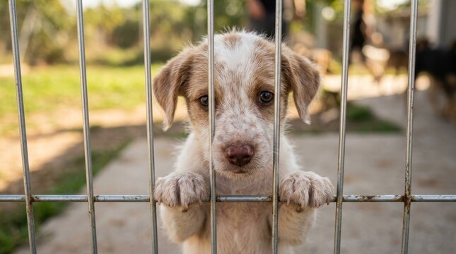 Sad lonely puppy peering through metal bars at an animal shelter waiting for adoption to find a new loving home with its family; a heart-wrenching scene of hope and longing in a rescue kennel cage!!!!