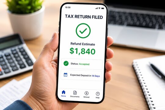Tax return filed with refund estimate on smartphone