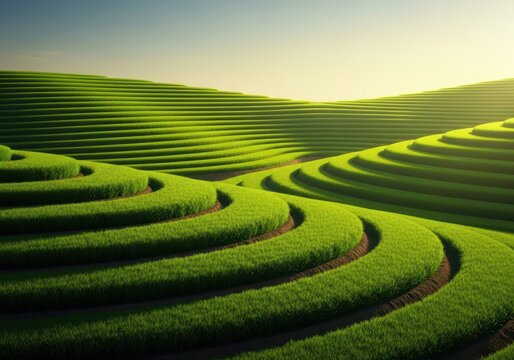 Vibrant green terraced agricultural fields thriving under intense sunlight and high humidity, showcasing a classic warm rural landscape, steep, fertile, food