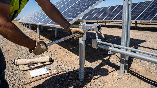 Solar installer using torque wrench on panel-mounting frame bolt at ground-mount installation site