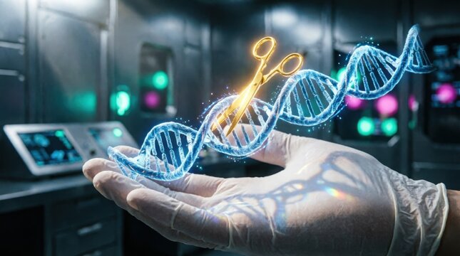 Scientist's gloved hands holding a glowing holographic DNA helix being cut by golden CRISPR scissors in a futuristic biotech lab, symbolizing gene editing breakthroughs.