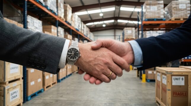 Business people shaking hands in a large warehouse with many cardboard boxes on shelves for logistics and supply chain management